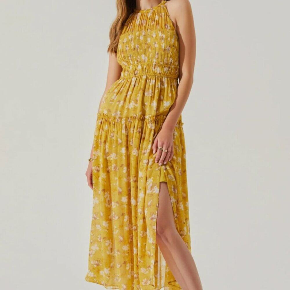 ASTR The Label Maryam Floral Halter Neck Tiered Midi Dress